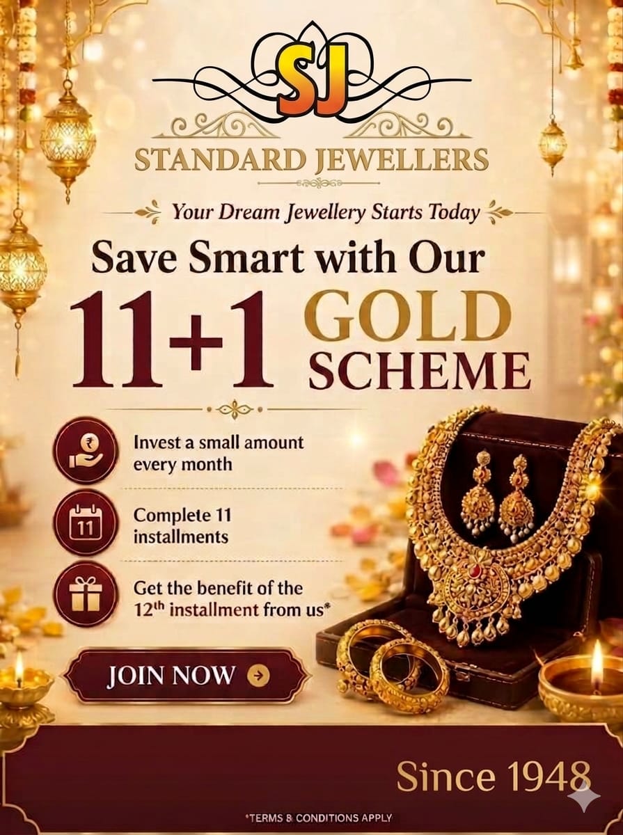 Standard Jewellers 11+1 Gold Scheme — invest a small amount every month, complete 11 installments and get the 12th from us